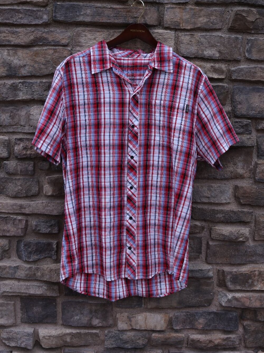 Empyre Men’s Red Blue Plaid Short-Sleeve Button-Up Shirt